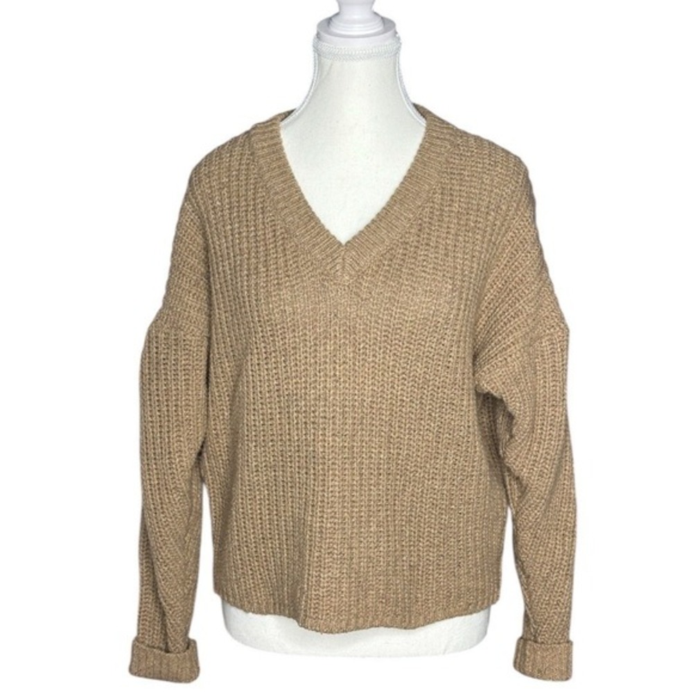 Madewell Tan Puff Sleeve V-Neck Chunky Knit Sweater Size S‎